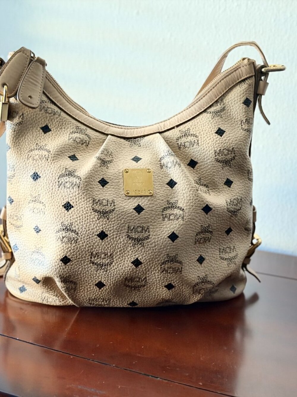 MCM Visetos Beige Monogram Pleated Hobo Shoulder Bag Gold Hardware